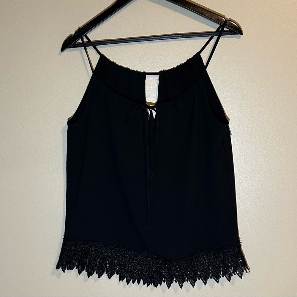 Black Dressy Tank with Embroidered Lace Hem Sz M